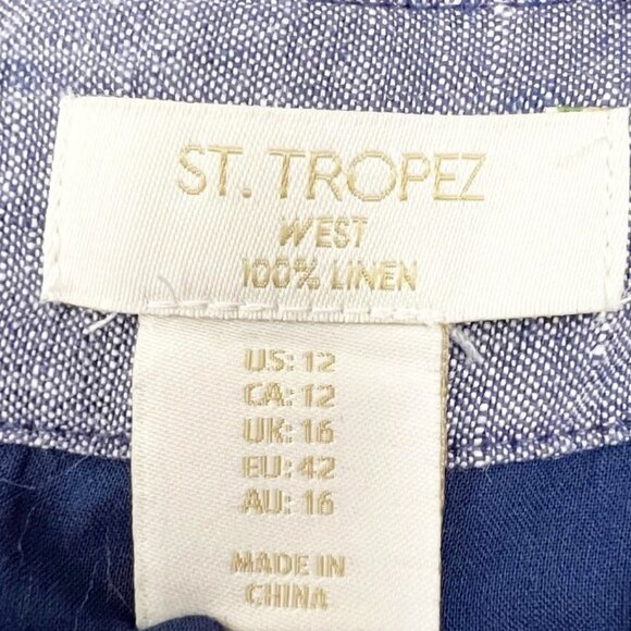 St. Tropez West Jumpsuit Women's 12 Blue Chambray 100% Linen Wide Leg Belted - Picture 6 of 16